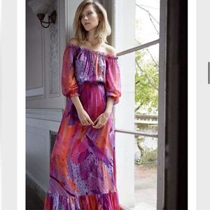 Diane Von Furstenberg Off the Shoulder A Line Pink Silk Maxi Dress Size 0